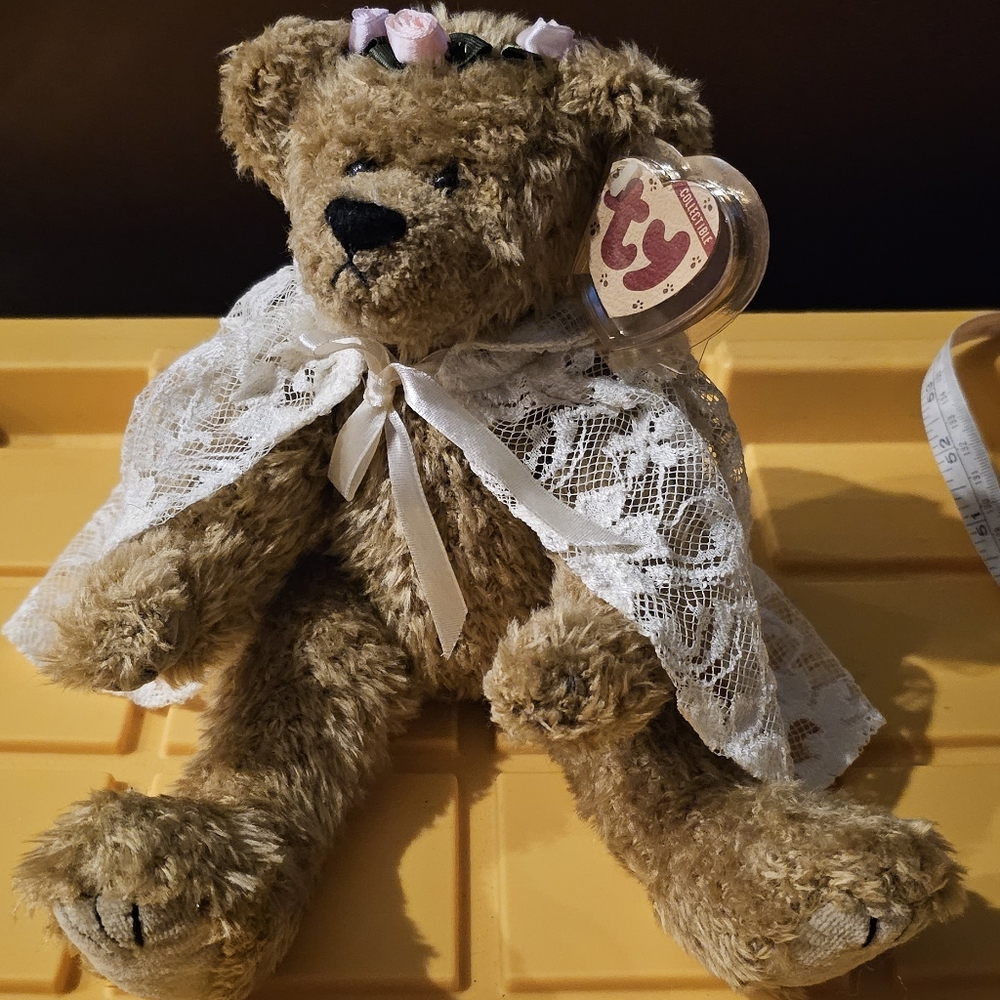 TY 13" Articulated brown 1993 "EVE" teddy bear with lace shaul, pink roses crown